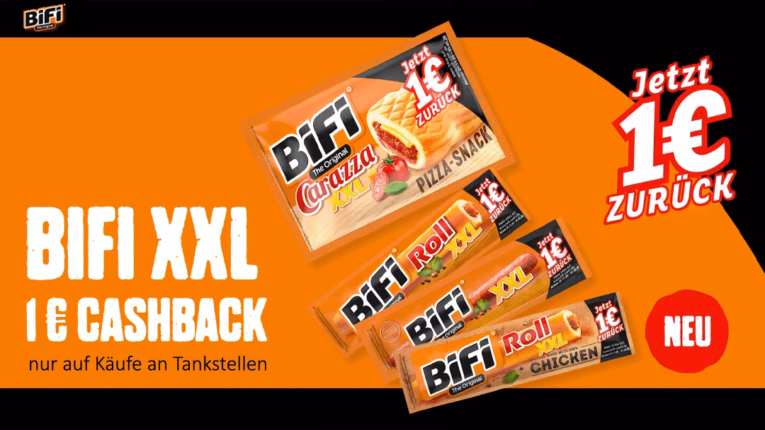 1-Euro-Cashback-Bifi-XXL-Produkt-Tankstelle Jetzt 1 € Cashback auf ein Bifi XXL Produkt von der Tankstelle sichern - bis zu 5 € Cashback erhalten