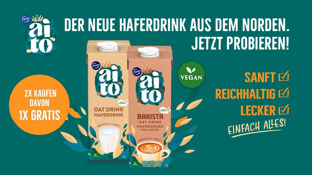 Kaufe jetzt 2 Aito Haferdrink und erhalte 1 Gratis mit Geld zurück 2x Aito Haferdrink kaufen, 1x Gratis mit Geld zurück