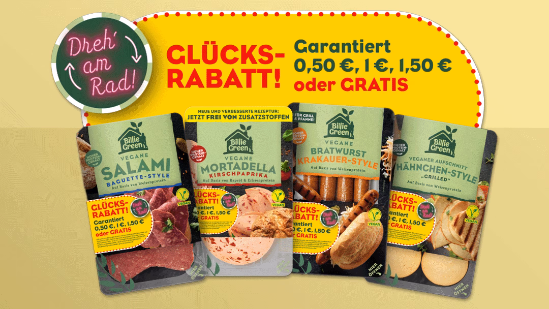 Billie Green 100% Cashback vegane Wurst Fleisch Billie Green: bis zu 100 % Cashback auf vegane Wurst