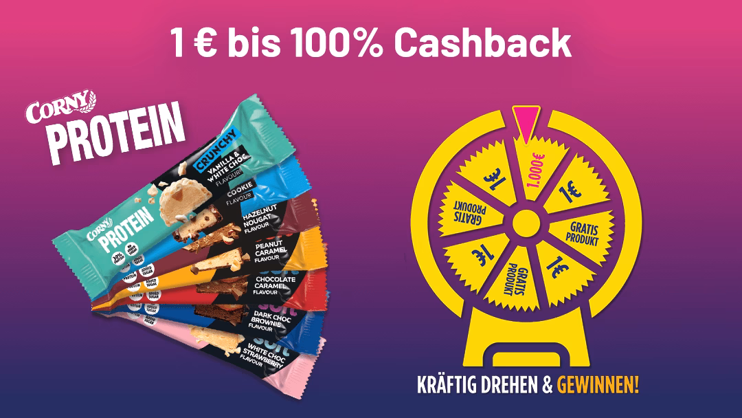 Hol dir jetzt mindestens 1 € Cashback, mit etwas Glück sogar komplett gratis Corny Protein Geld-zurück-Gewinnspiel