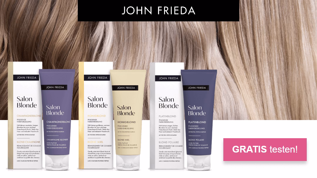 Teste jetzt eine von drei Salon Blonde Pflegende Farbveredelung von John Frieda Gratis John Frieda Gratis Testen – Salon Blonde Pflegende Farbveredelung