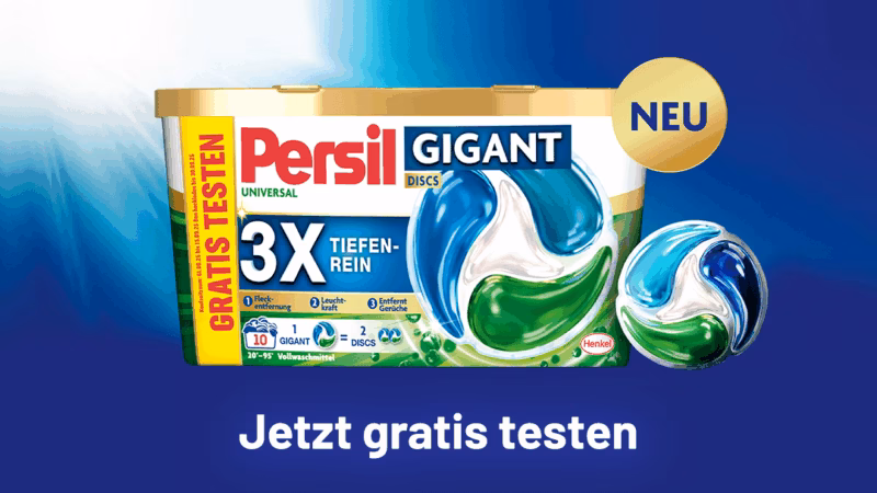 Teste jetzt die neuen Persil Gigant Discs – und hol dir dein Geld zurück Persil Gigant DISCS Waschmittel Gratis Testen