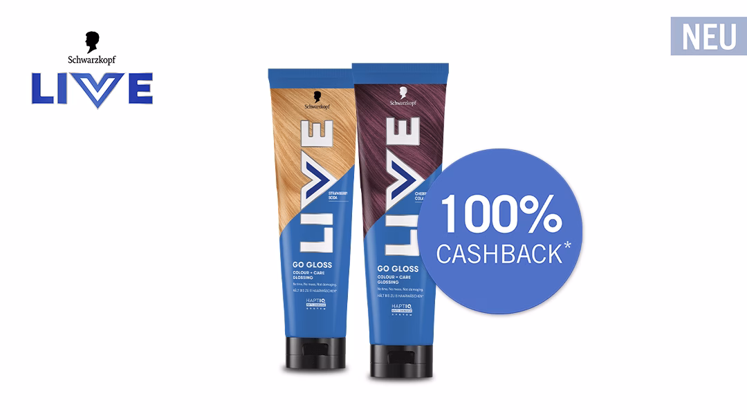 Teste jetzt Schwarzkopf LIVE Go Gloss kostenlos mit Geld-zurück-Garantie Schwarzkopf LIVE Go Gloss mit 100 % Cashback kostenlos testen