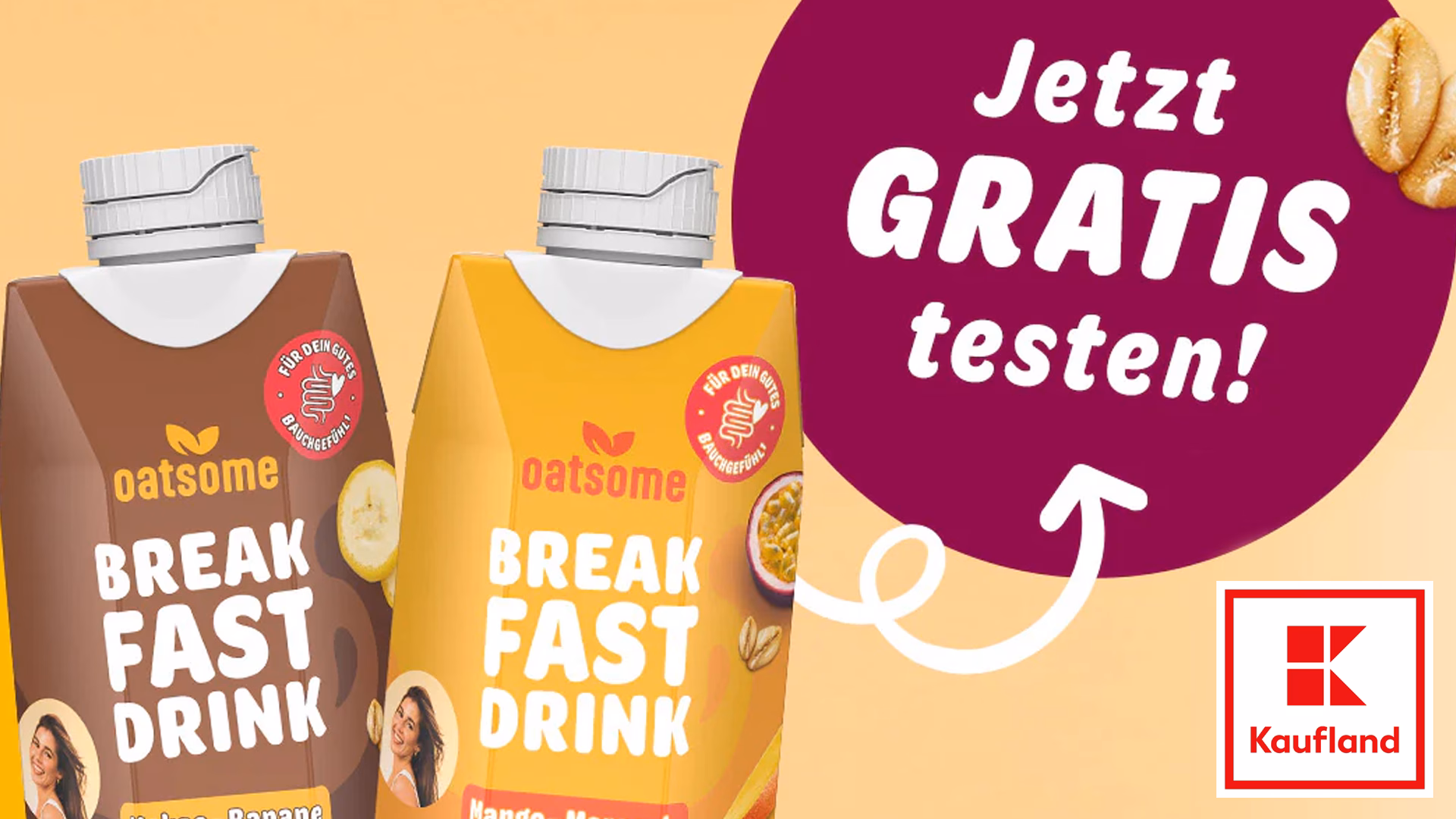 Probier jetzt Oatsome Breakfast Drink Schoko-Banane oder Mango-Maracuja Gratis! Oatsome Breakfast Drink Gratis Testen